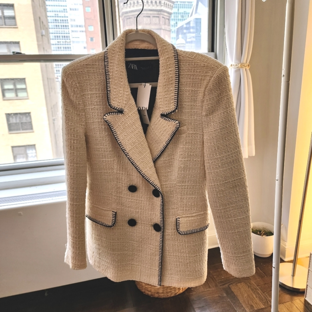 Zara Large White Tweed Blazer, Brand New,